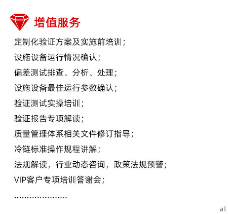 定制化溫濕度驗證增值服務：定制化驗證方案及實施前培訓； 設施設備運行情況確認； 偏差測試排查、分析、處理； 設施設備最佳運行參數確認； 驗證測試實操培訓； 驗證報告專項解讀； 質量管理體系相關文件修訂指導； 冷鏈標準操作規程講解； 法規解讀，行業動態咨詢，政策法規預警； VIP客戶專項培訓答謝會；