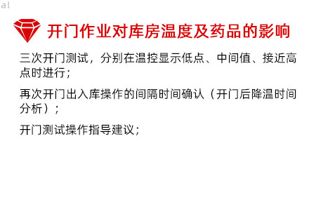 開門作業對庫房溫度影響及藥品的影響：三次開門測試，分別在溫控顯示低點、中間值、接 近高點時進行； 再次開門出入庫操作的間隔時間確認（開門后降溫 時間分析）； 開門測試操作指導建議；