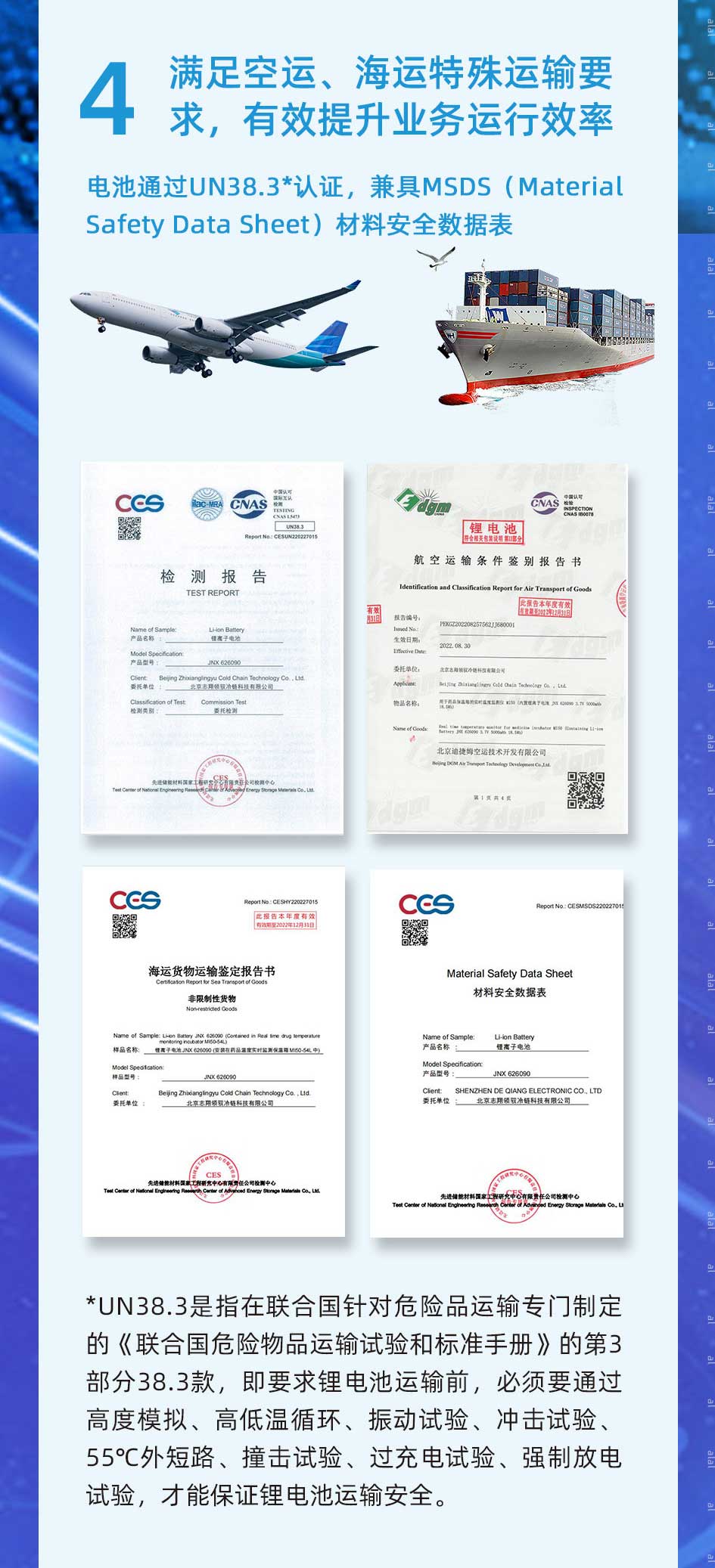 MI50系列溫度監(jiān)測儀電池通過UN38.3*認(rèn)證，兼具M(jìn)SDS（Material Safety Data Sheet）材料安全數(shù)據(jù)表，滿足空運、海運特殊運輸要求，有效提升業(yè)務(wù)運行效率。