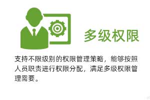 多級權限：支持不限級別的權限管理策略，能夠按照人 員職責進行權限分配，滿足多級權限管理需 要。