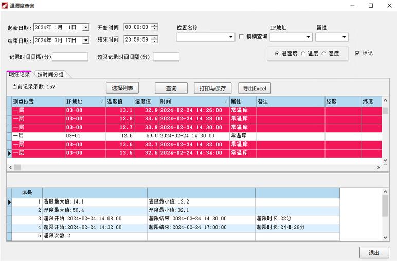 溫濕度監控系統數據查詢功能截圖