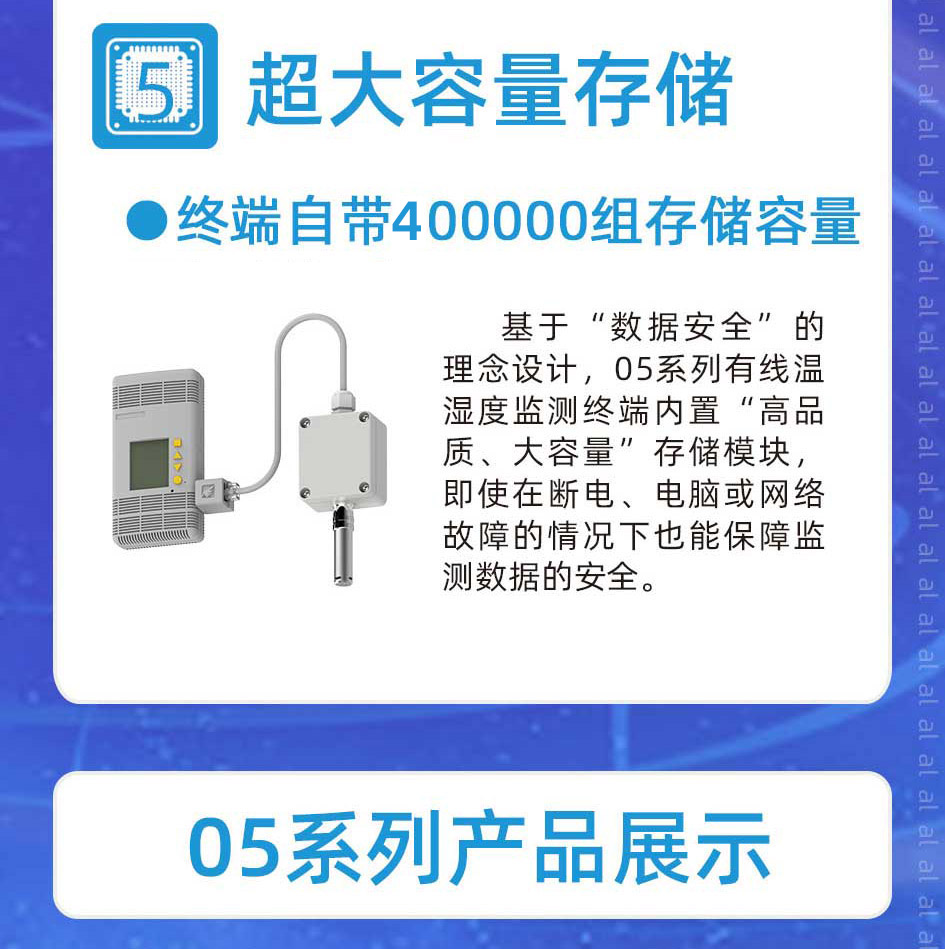 志翔領馭MJK2005系列溫濕度監測系統基于“數據安全”的理念設計，終端內置“高品質、大容量”存儲模塊，自帶500000組存儲容量，即使在斷電、電腦或網絡故障的情況下也能保障監測數據的安全。